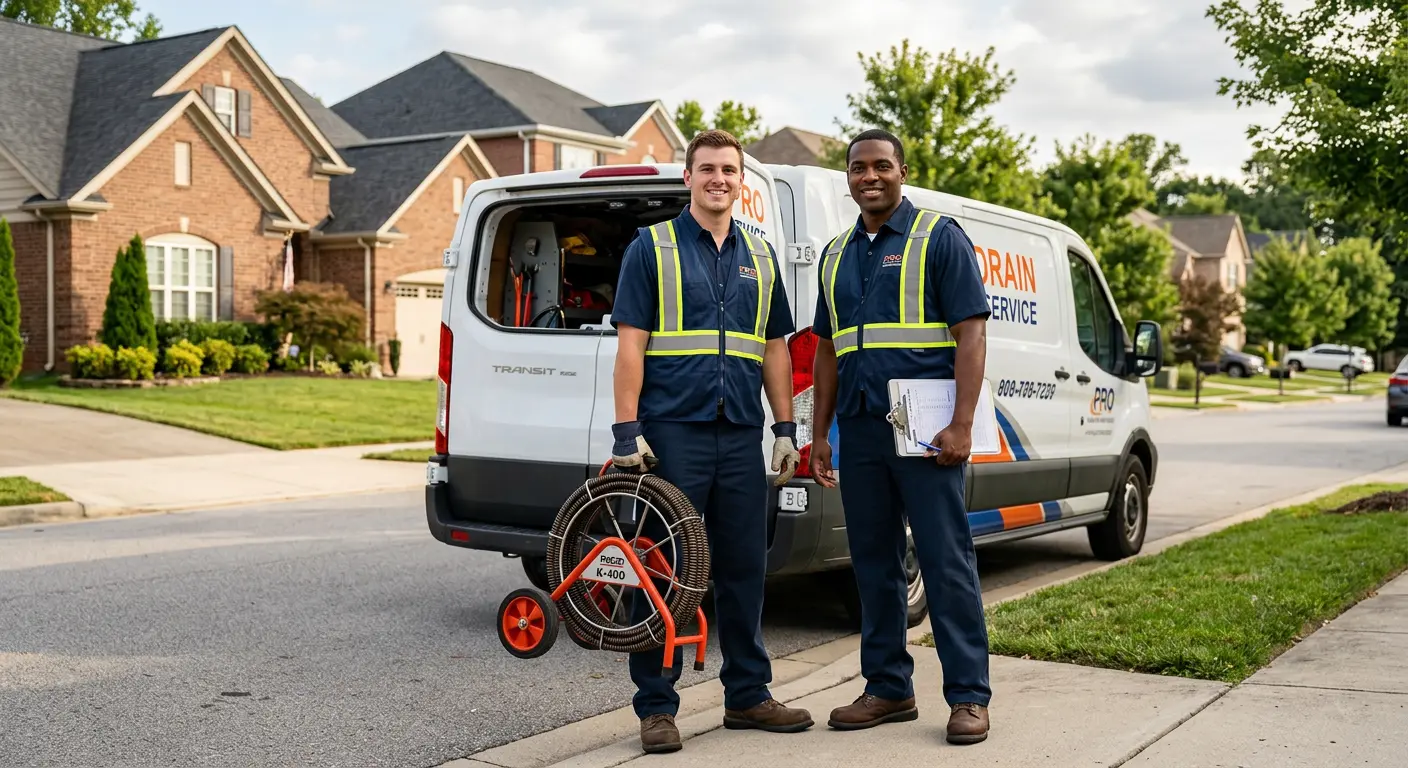 Sewer and drain service team with equipment ready for work in Titusville