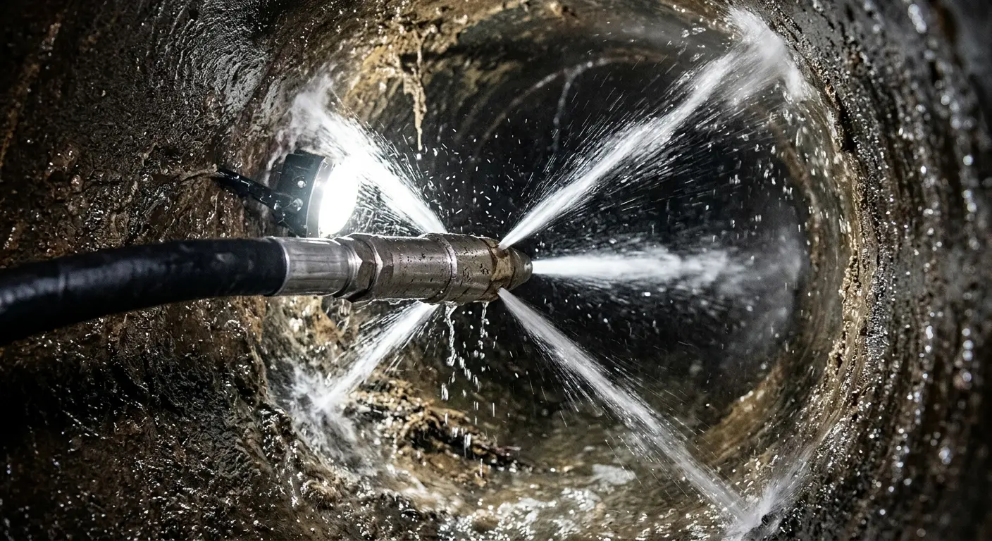 High-pressure hydro jetting nozzle cleaning sewer pipe for Emergency Drain Service in Titusville