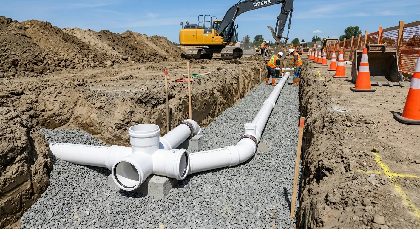 New PVC sewer pipe installation in open trench for Sewer Backup in Titusville