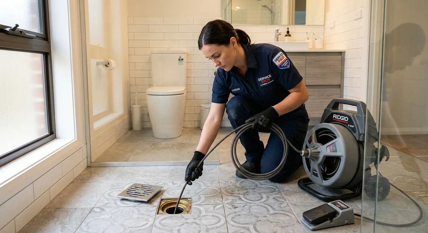 Technician clearing a bathroom floor drain for Drain Cleaning in Titusville